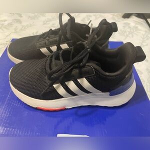 Adidas Kids Black Athletic Sneakers with White Stripes Red Blue Accents